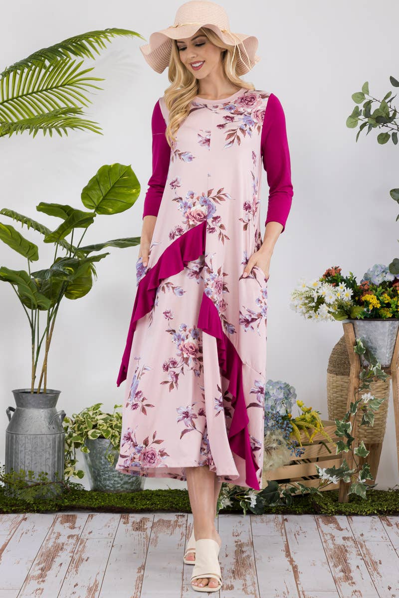 MAUVE FLORAL CONTRAST MID-DRESS WITH RUFFLE DETAILS