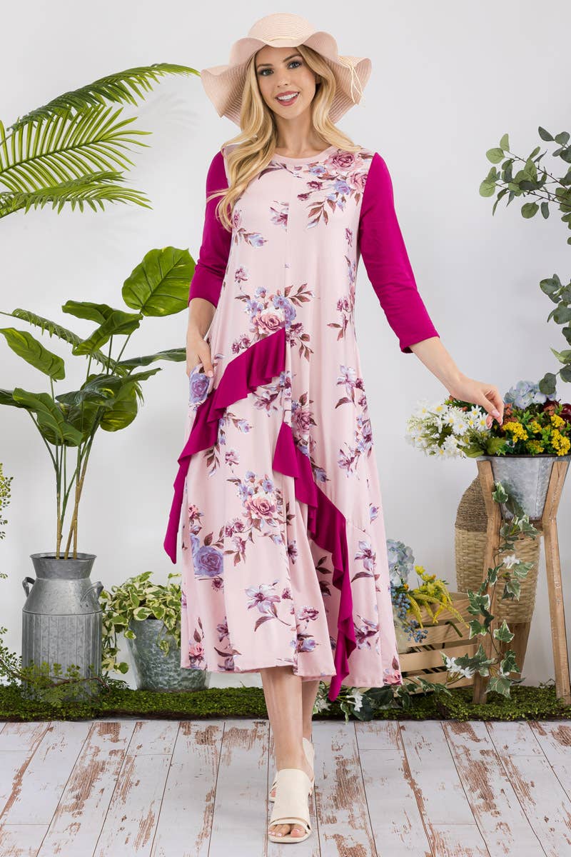 MAUVE FLORAL CONTRAST MID-DRESS WITH RUFFLE DETAILS