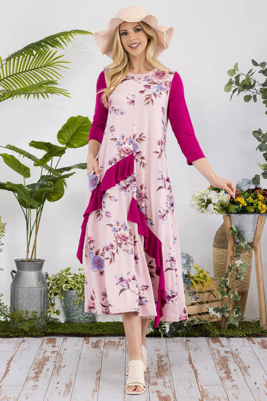 MAUVE FLORAL CONTRAST MID-DRESS WITH RUFFLE DETAILS