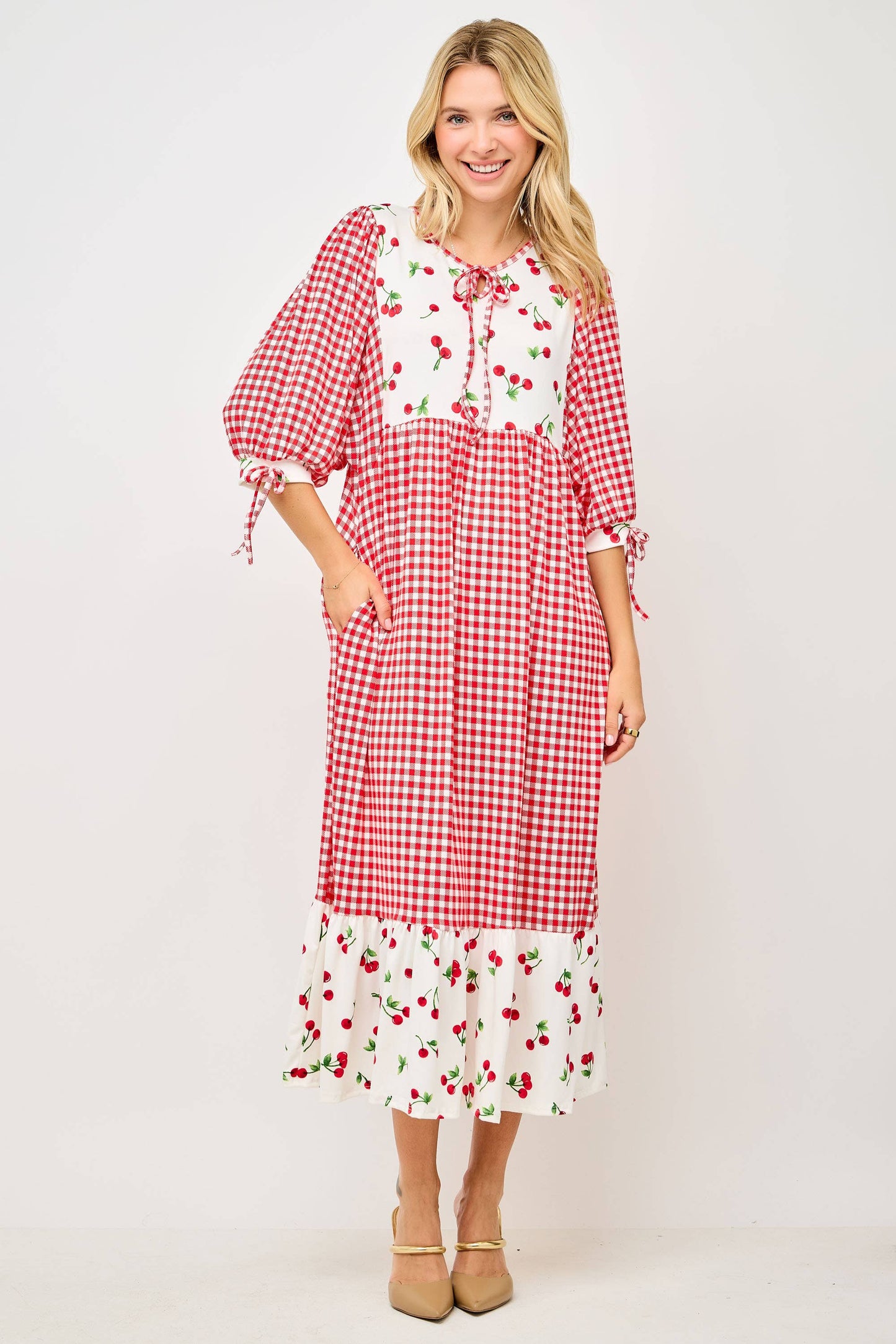 RED WOMEN'S PLUS SIZE GINGHAM CHERRY DRESS -DOLMAN SLEEVES: