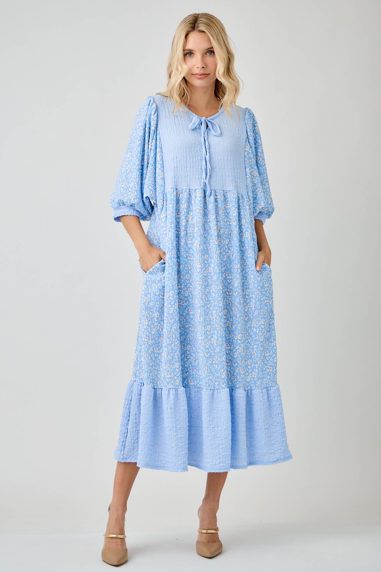 BLUE WOMEN'S FLORAL PRINT DRESSES WITH DOLMAN SLEEVES