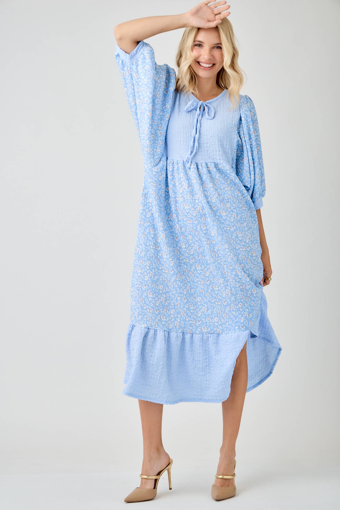 BLUE WOMEN'S FLORAL PRINT DRESSES WITH DOLMAN SLEEVES