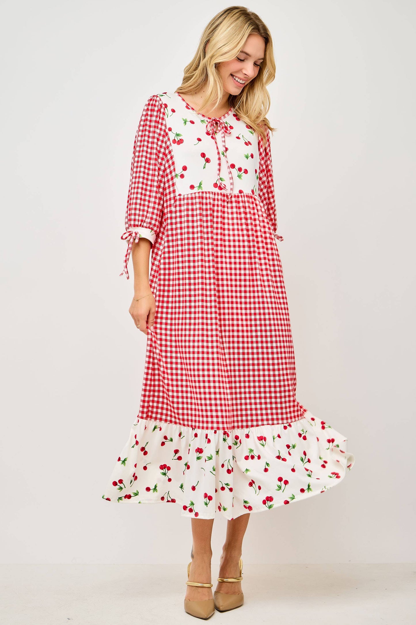 RED WOMEN'S PLUS SIZE GINGHAM CHERRY DRESS -DOLMAN SLEEVES: