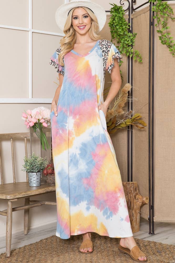 YELLOW TIE DYE MAXI DRESS WITH ANIMAL PRINT DETAIL