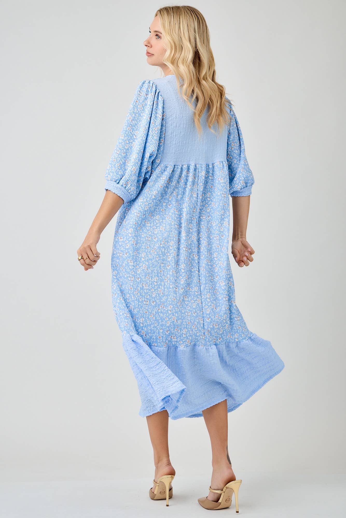 BLUE WOMEN'S FLORAL PRINT DRESSES WITH DOLMAN SLEEVES
