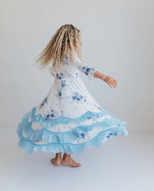 Girls Dusty Blue Floral 3/4 Sleeve Ruffles Dress