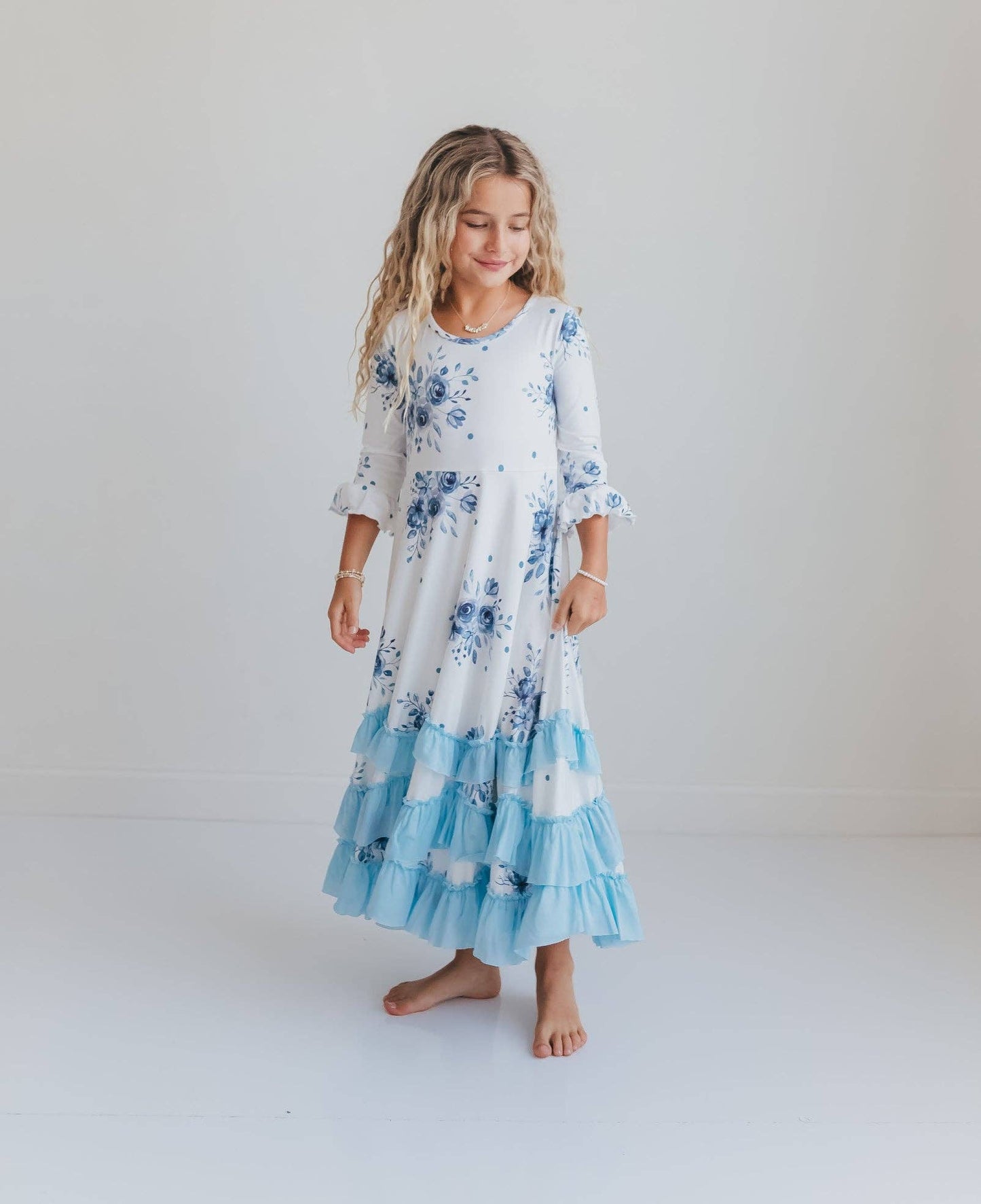 Girls Dusty Blue Floral 3/4 Sleeve Ruffles Dress