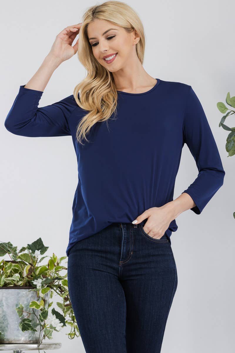 NAVY WRINKLE FREE LAYERING TOP WITH 3/4 SLEEVES