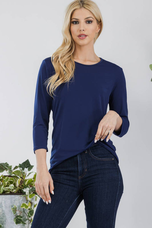 NAVY WRINKLE FREE LAYERING TOP WITH 3/4 SLEEVES