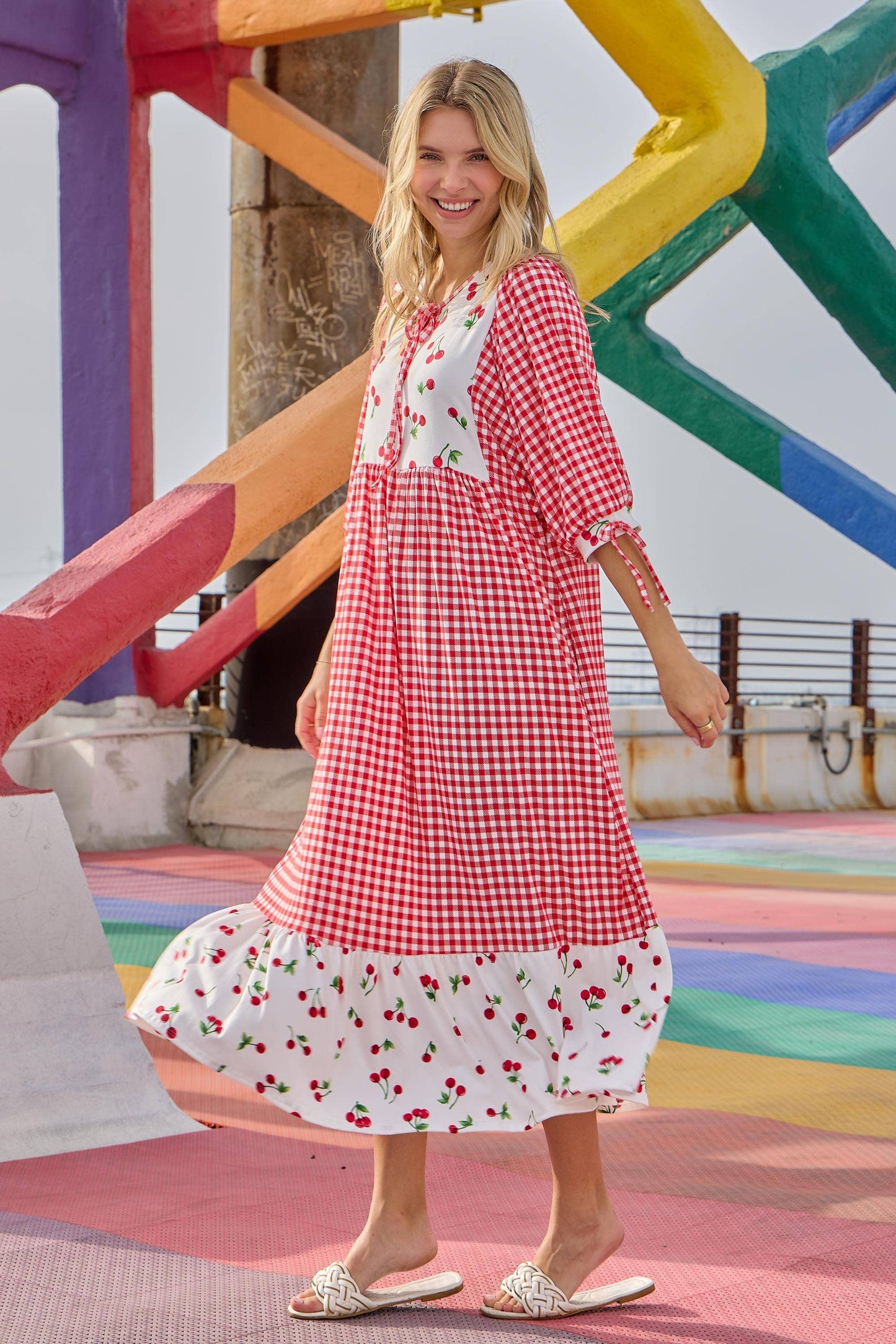 RED WOMEN'S PLUS SIZE GINGHAM CHERRY DRESS -DOLMAN SLEEVES: