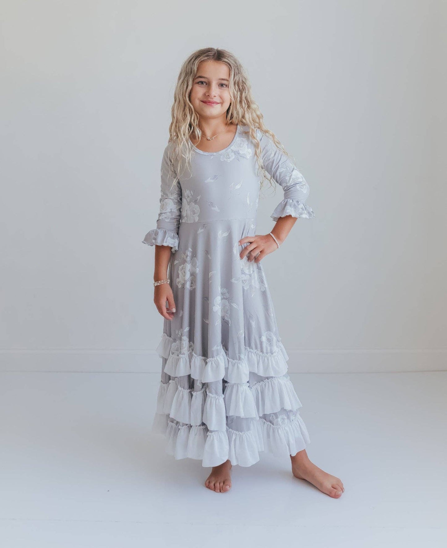 Girls Gray Rose Floral 3/4 Sleeve Ruffles Dress