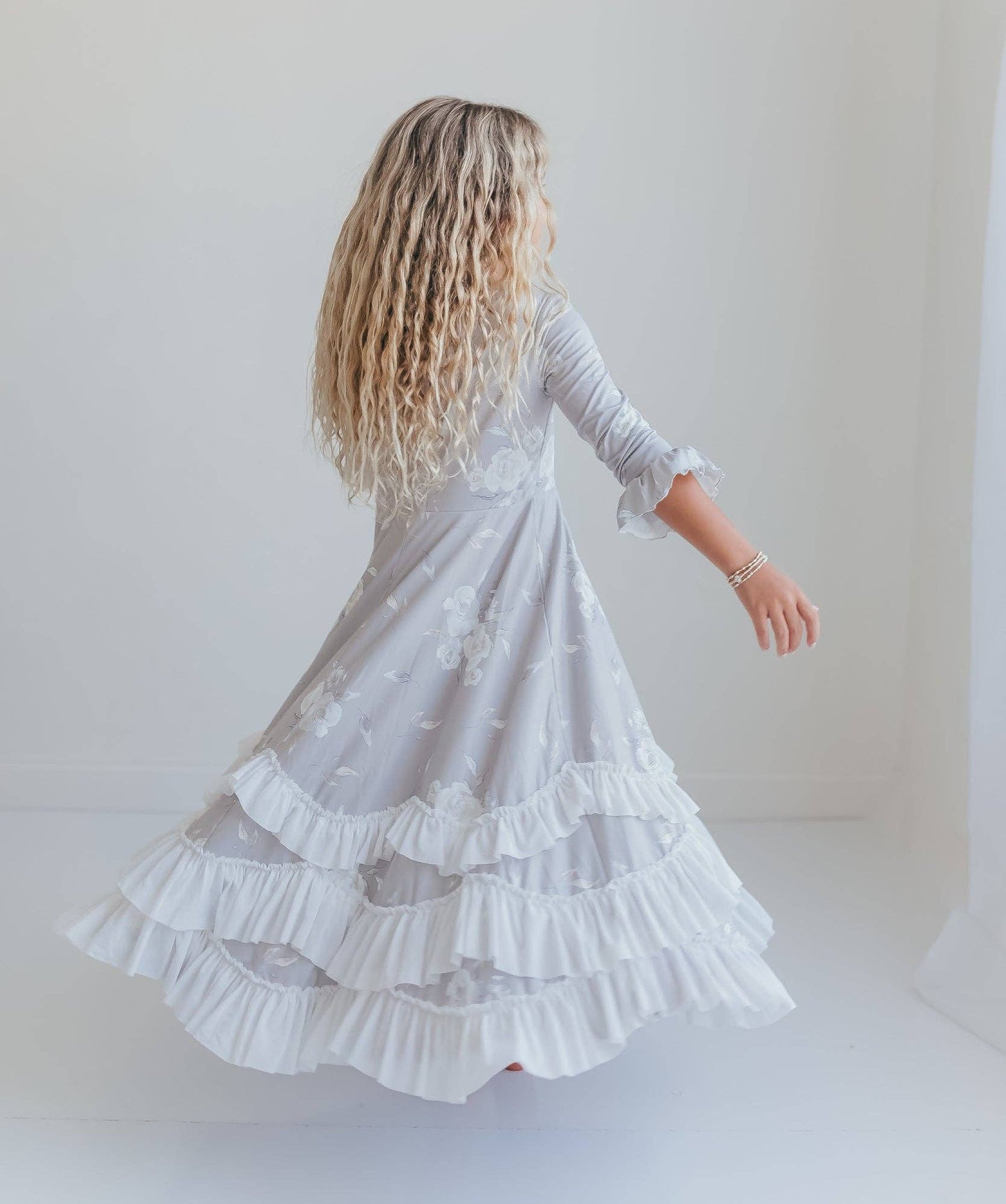 Girls Gray Rose Floral 3/4 Sleeve Ruffles Dress