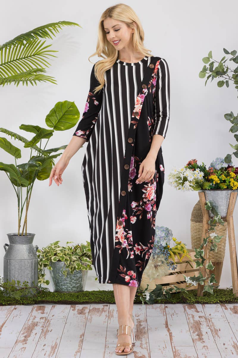 STRIPE FLORAL CONTRAST MIDI-DRESS WITH BUTTONS