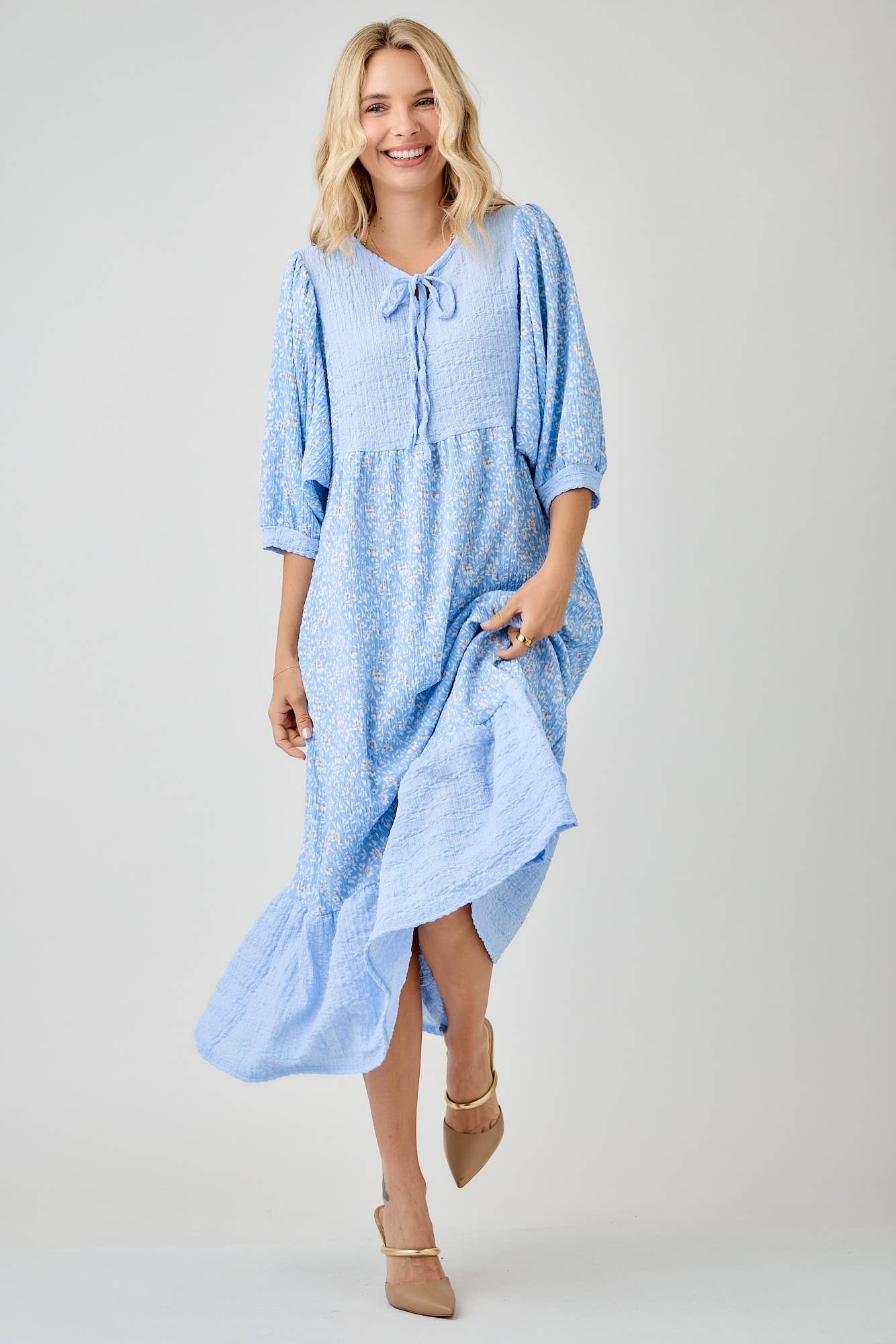 BLUE WOMEN'S FLORAL PRINT DRESSES WITH DOLMAN SLEEVES