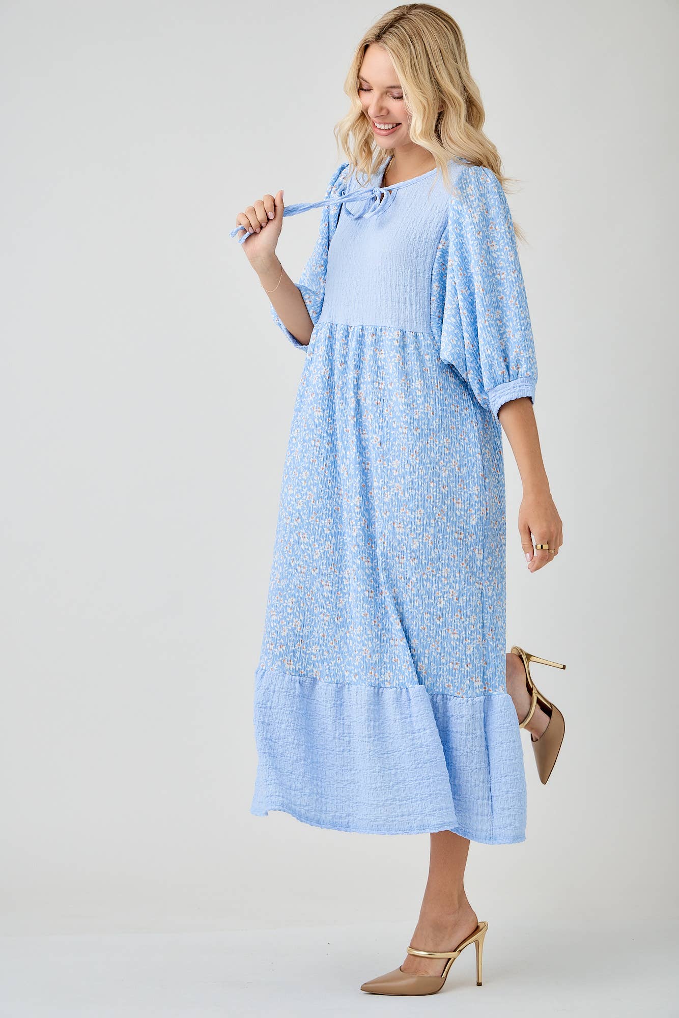 BLUE WOMEN'S FLORAL PRINT DRESSES WITH DOLMAN SLEEVES