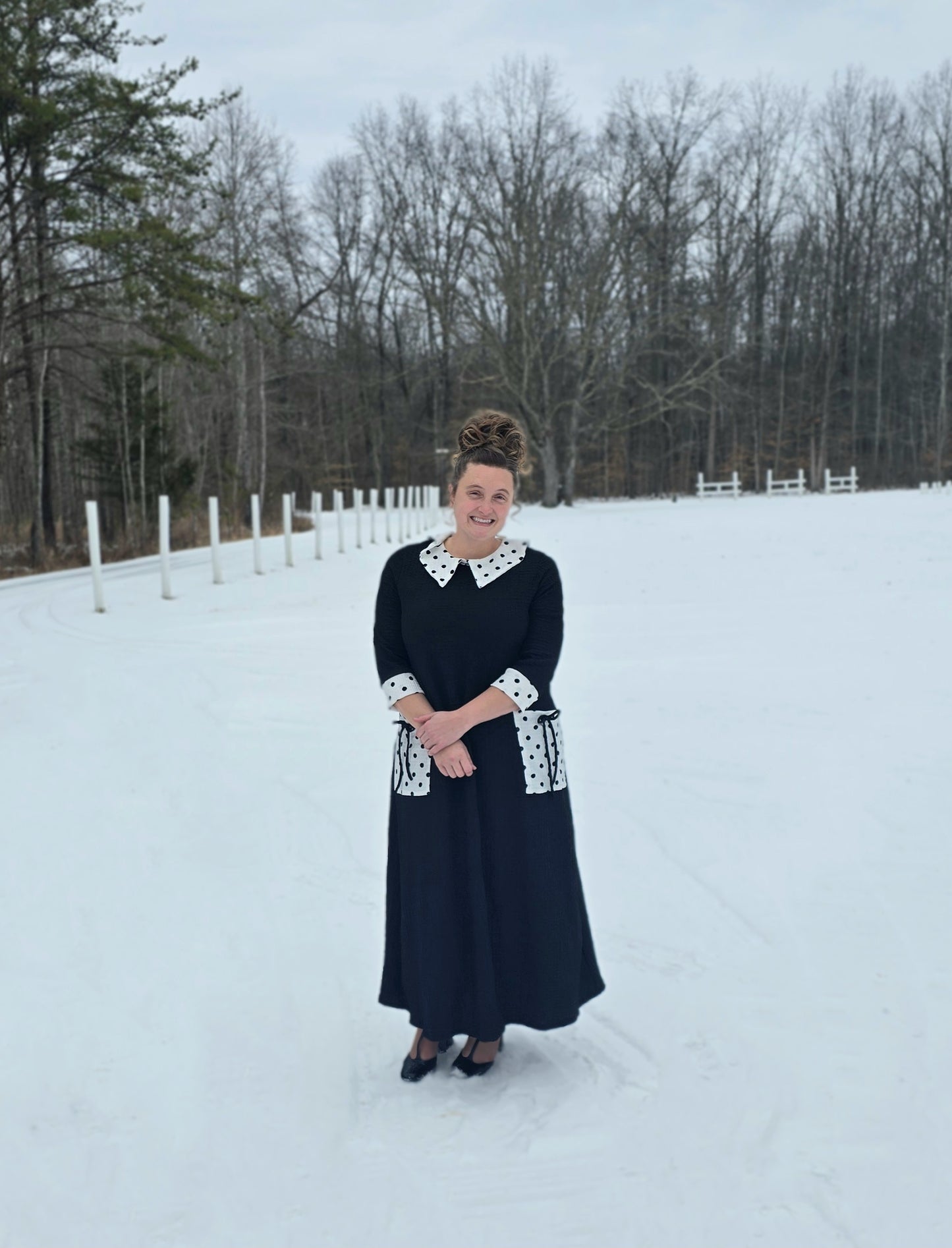 Black Women's Modest Midi Dress with Polka Dot Contrast Collar