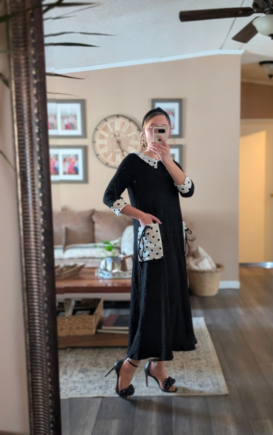 Black Women's Modest Midi Dress with Polka Dot Contrast Collar