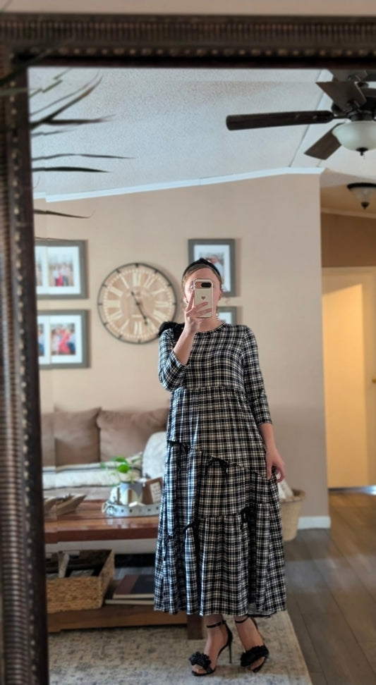 Black Women's Modest Empire Tiered Midi Dress with Bow Accent