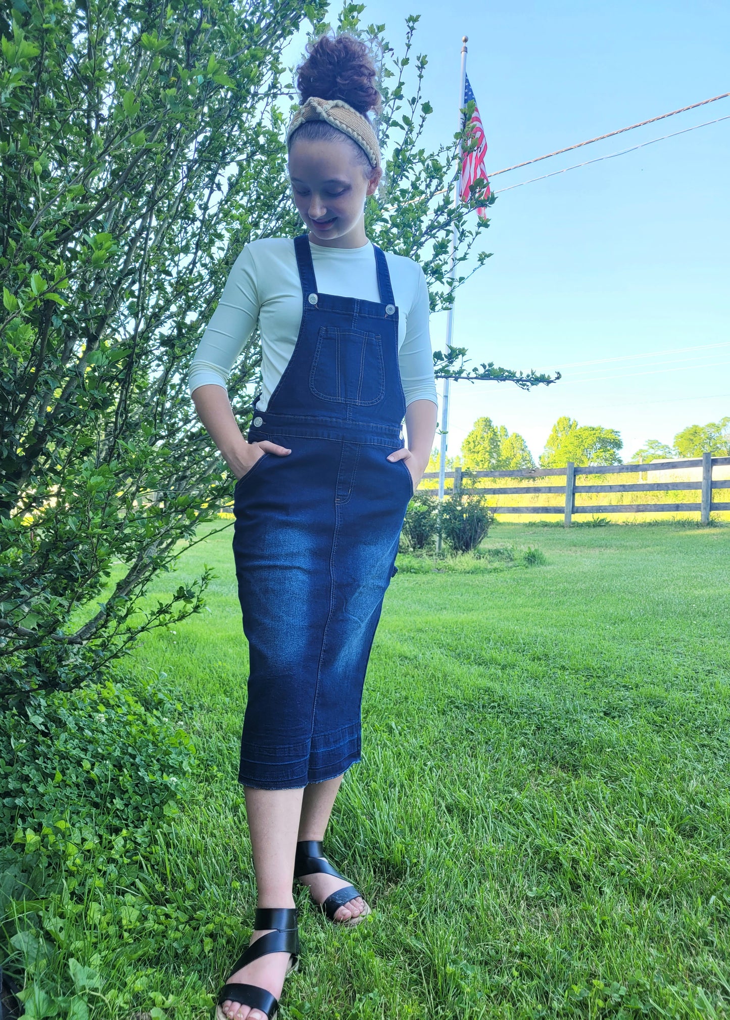 white christmas dresses Ladies Dark Wash Denim Overall Dress – Sweet Modesty Apparel