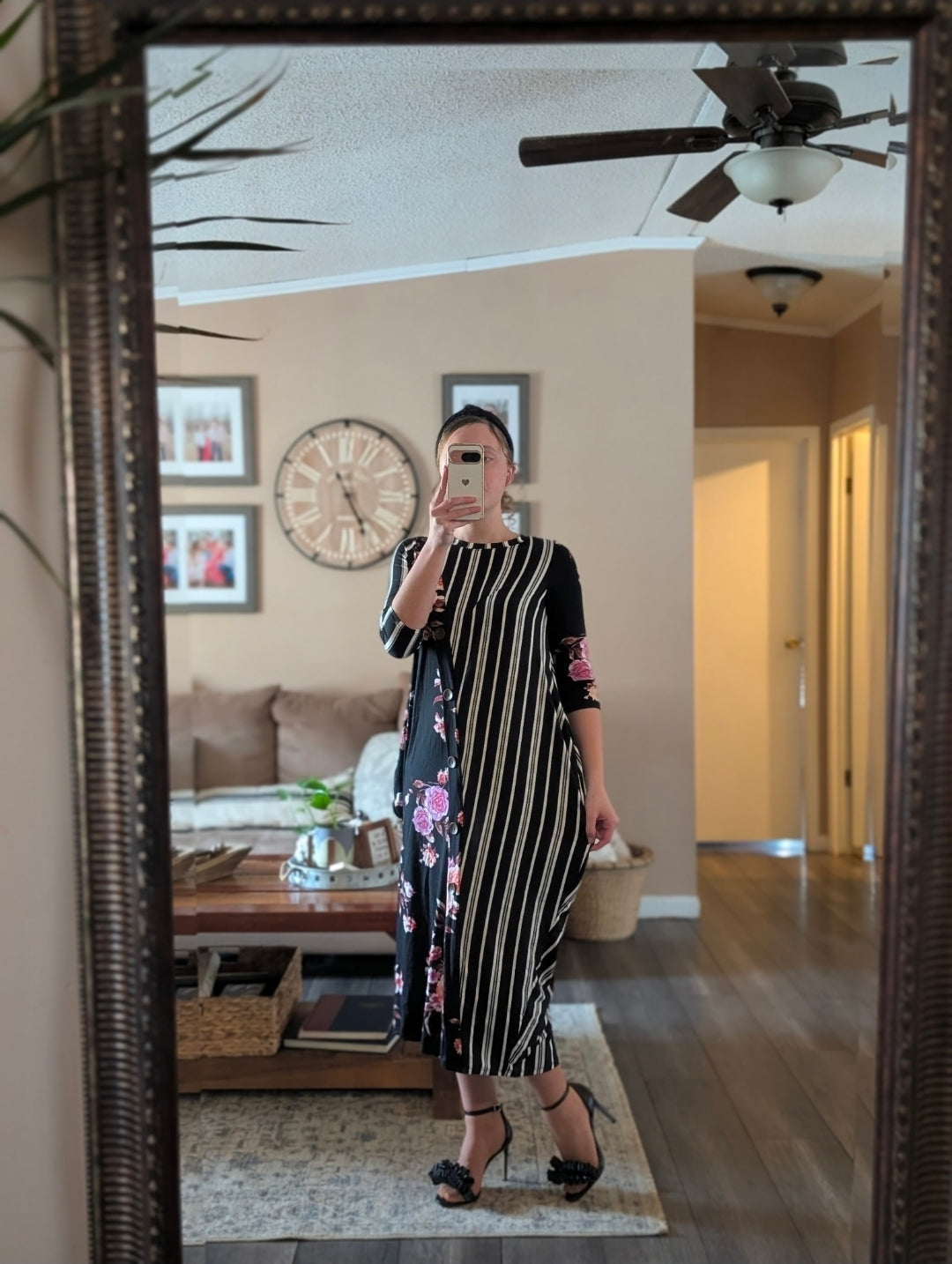 STRIPE FLORAL CONTRAST MIDI-DRESS WITH BUTTONS