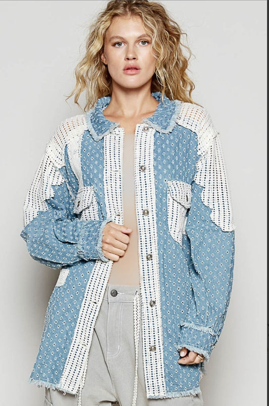 POL Denim and Lace Button Up Top