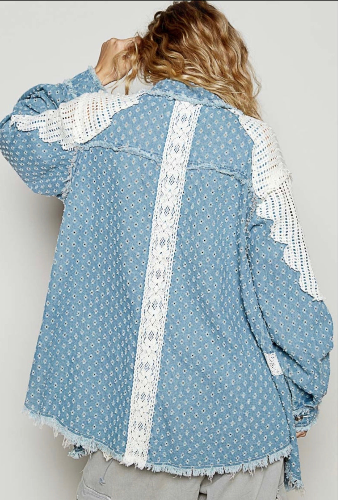 POL Denim and Lace Button Up Top