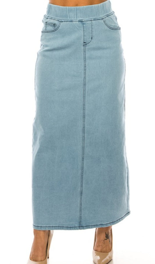 Ladies Light Wash Elastic Waist Denim Skirt
