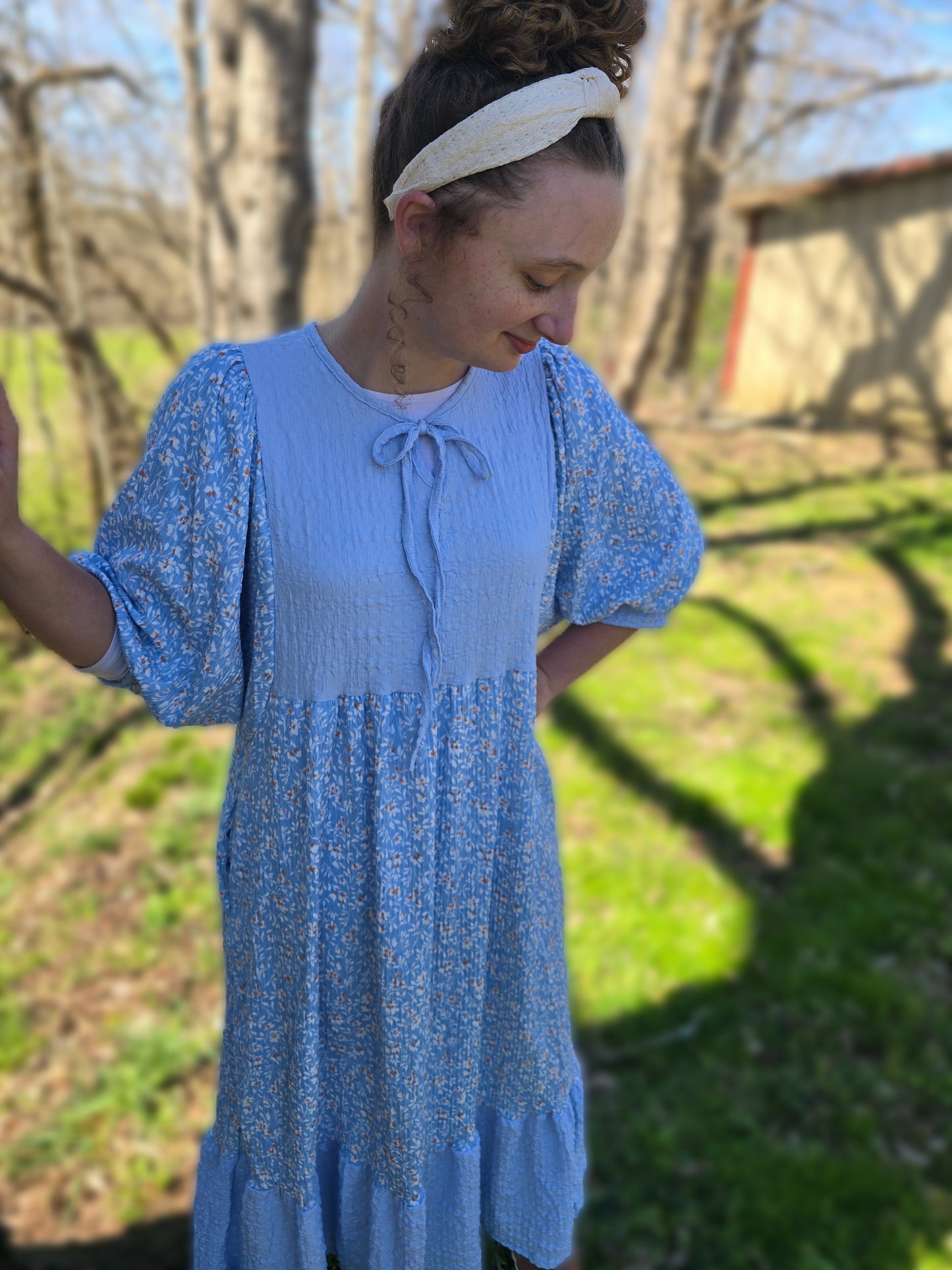 BLUE WOMEN'S FLORAL PRINT DRESSES WITH DOLMAN SLEEVES