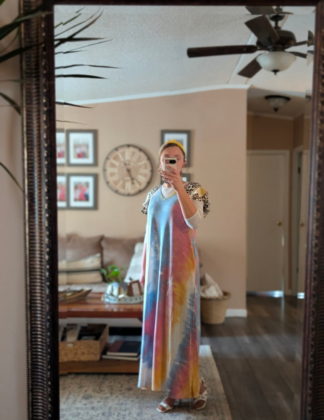 YELLOW TIE DYE MAXI DRESS WITH ANIMAL PRINT DETAIL