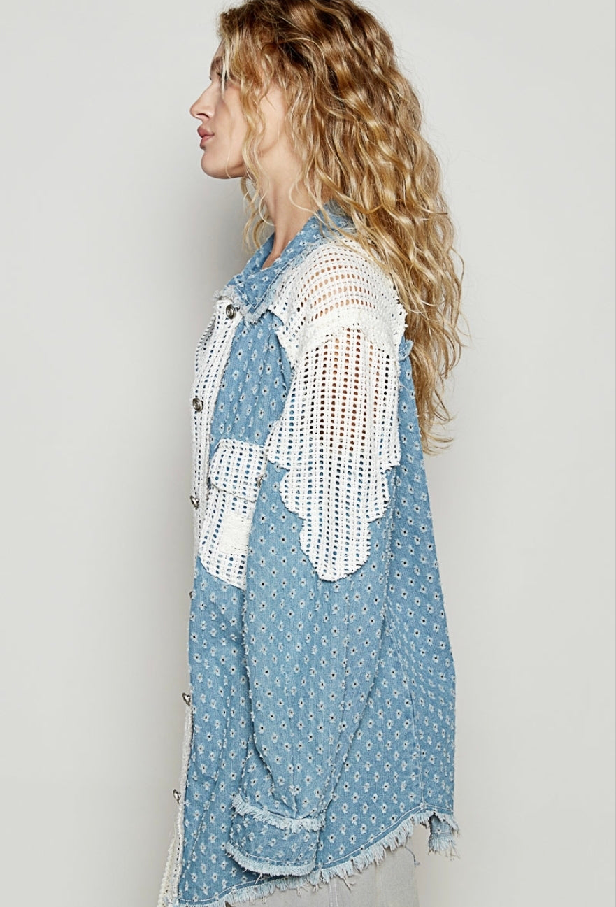 POL Denim and Lace Button Up Top
