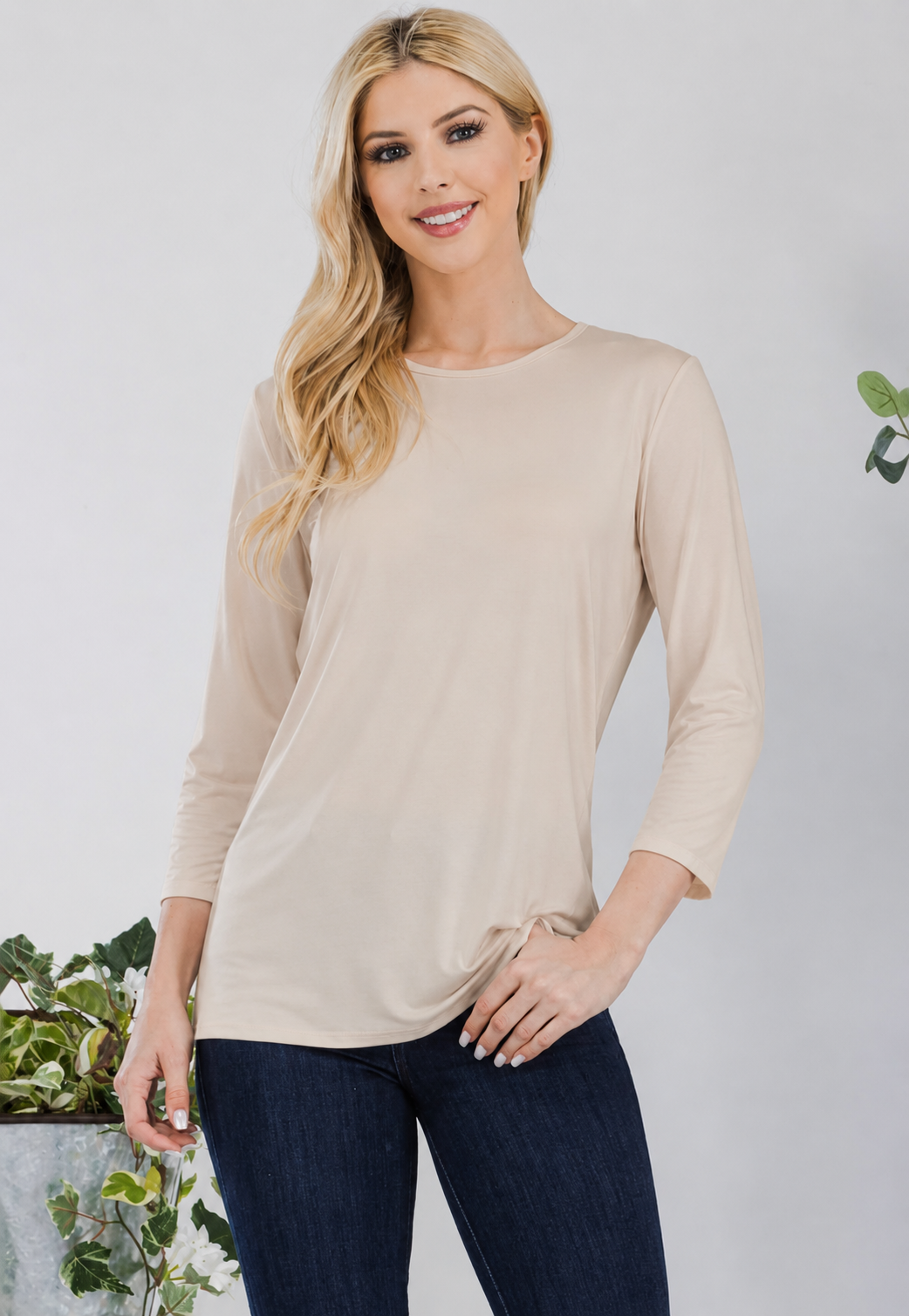 TAN WRINKLE FREE LAYERING TOP WITH  3/4 SLEEVES