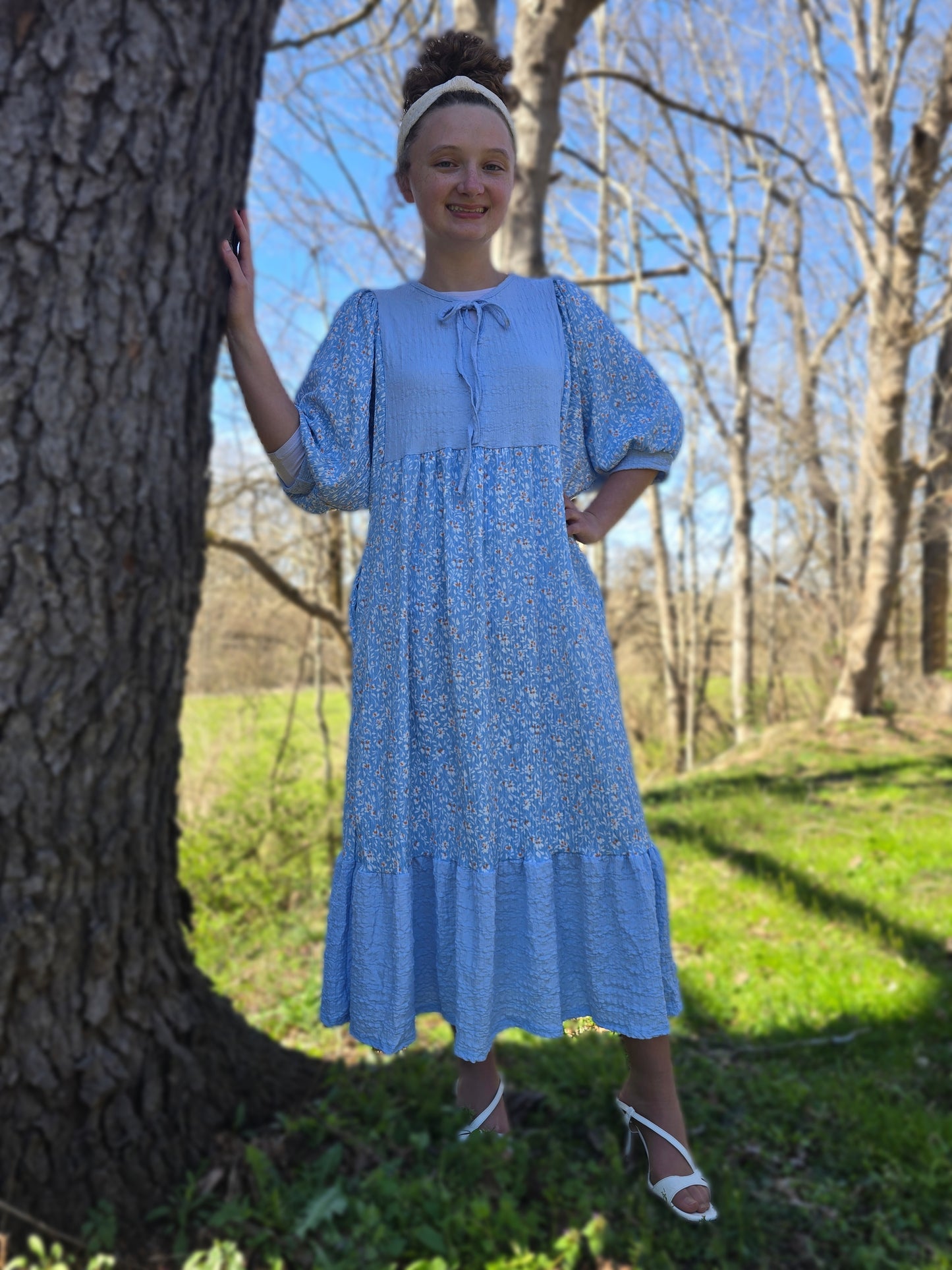 BLUE WOMEN'S FLORAL PRINT DRESSES WITH DOLMAN SLEEVES