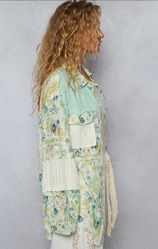 POL Mint Floral Lace Button Up Top