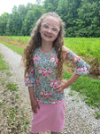 Girl's Pink Floral Leopard Ruffle Sleeve top