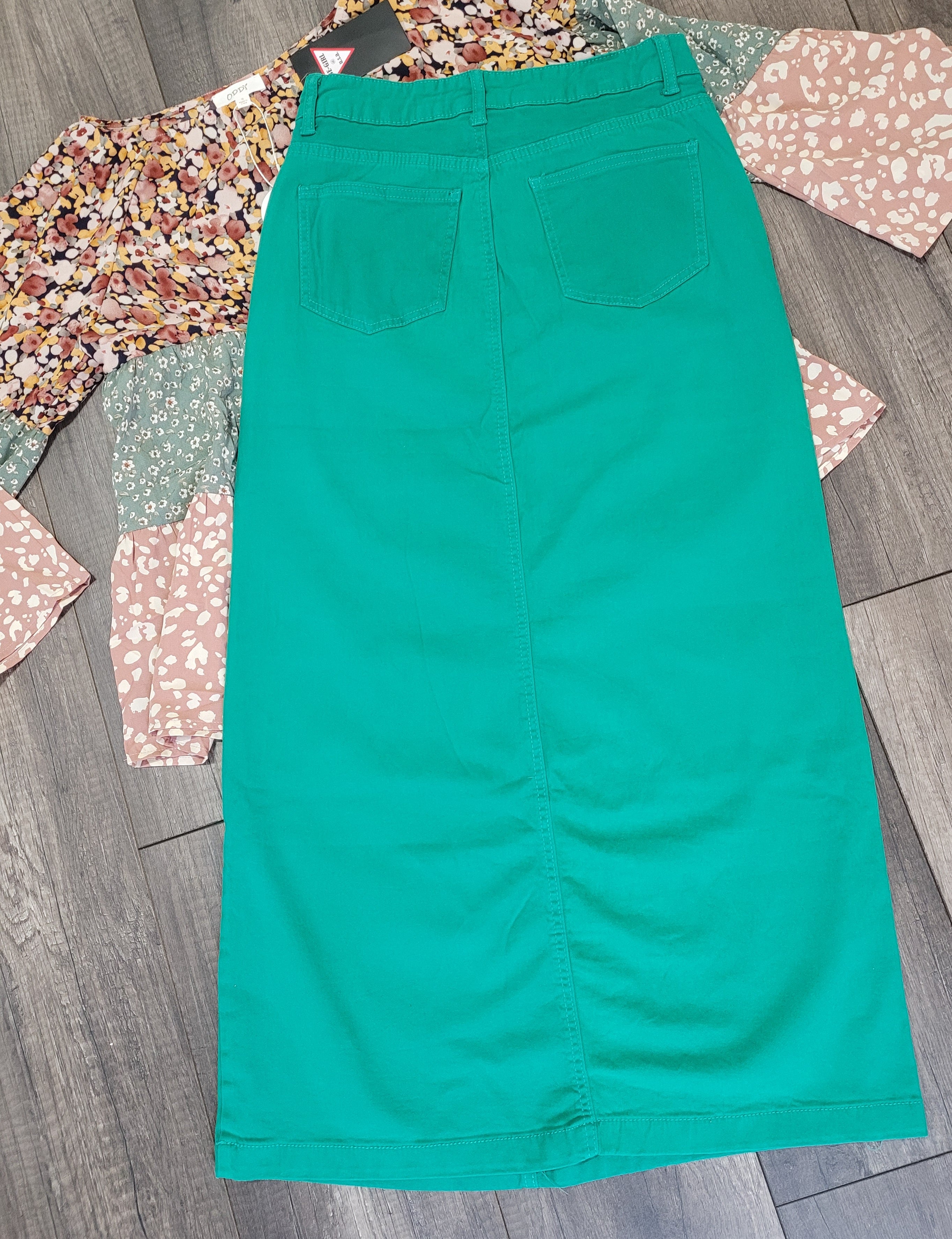 Ladies Green Long Denim Skirt