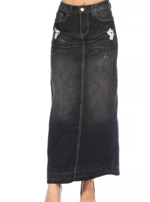 Ladies Long Black Wash Denim Skirt