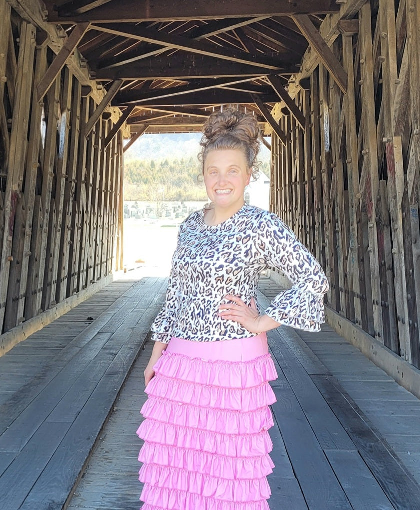 Ladies White Leopard Ruffle Sleeve Top